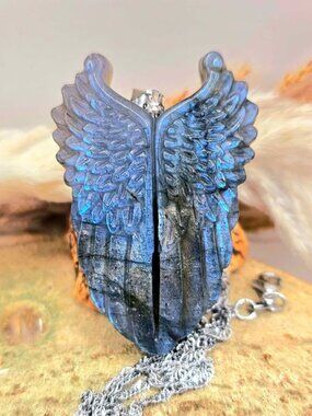 Nature Labradorite Carved Angel Wing Pendant Necklace